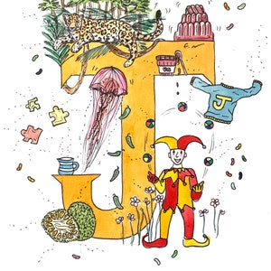 Impressão ilustrada do alfabeto em aquarela - Letra J
