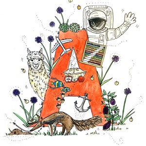 Impressão ilustrada do alfabeto em aquarela - Letra A
