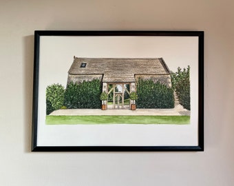 Stone Barn, Gloucestershire - Watercolour Print, personalised