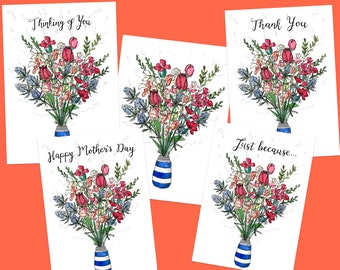 Personalised Watercolour Flower Bouquet Greetings Card - Thinking of You | Happy Mother's Day | Thank You | Just because... | Plain