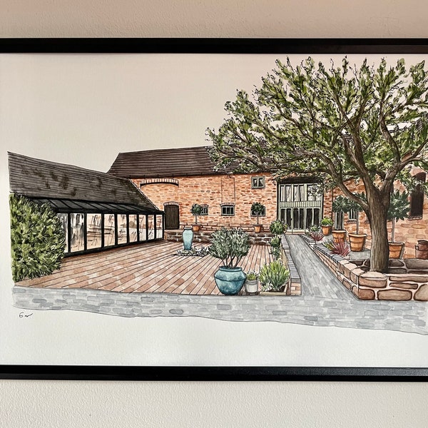 Curradine Barns Wedding Venue Worcestershire - Watercolour Print, personalised