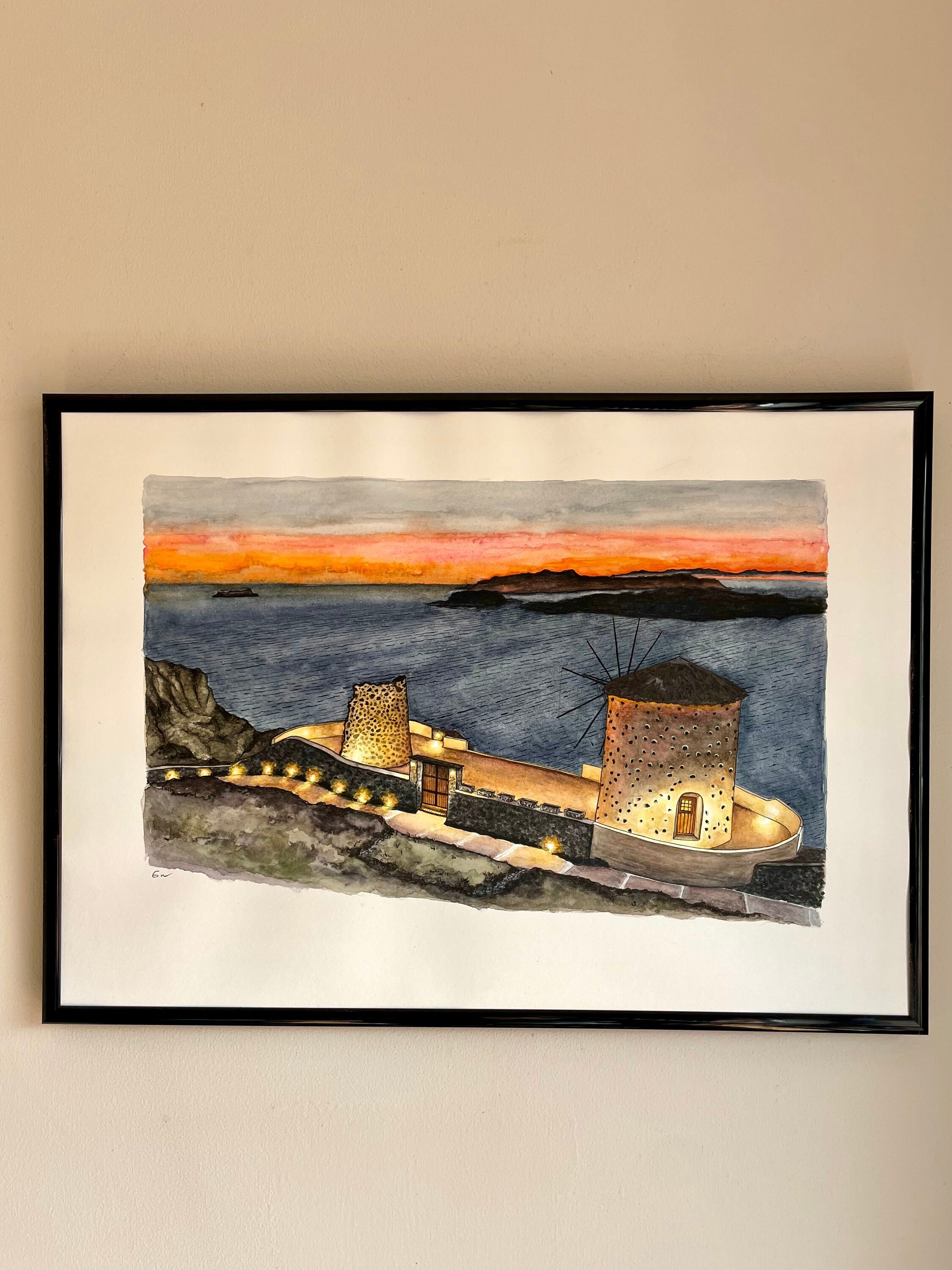 エル・ヴィエント、サントリーニ島の結婚式場 - 水彩画