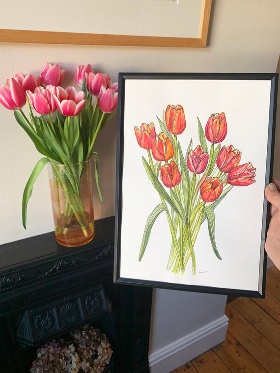 【原画販売】チューリップのブーケ　水彩画 透明水彩で描く、チューリップ🌷 今日も一日お疲れ様！ 水彩特有の