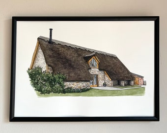 Blackwell Grange Thatch Barn, Warwickshire - Watercolour Print, personalised