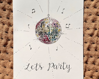 Celebration ‘Let’s Party’ Disco Ball Greetings Card - Watercolour illustration