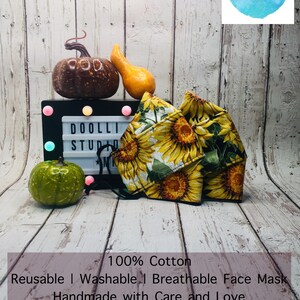 Sunflower Mask Collection Face Mask for Kid & Adult 100% Cotton 2 Layer and 4 Layer Breathable, Washable, Reusable Handmade in USA image 1