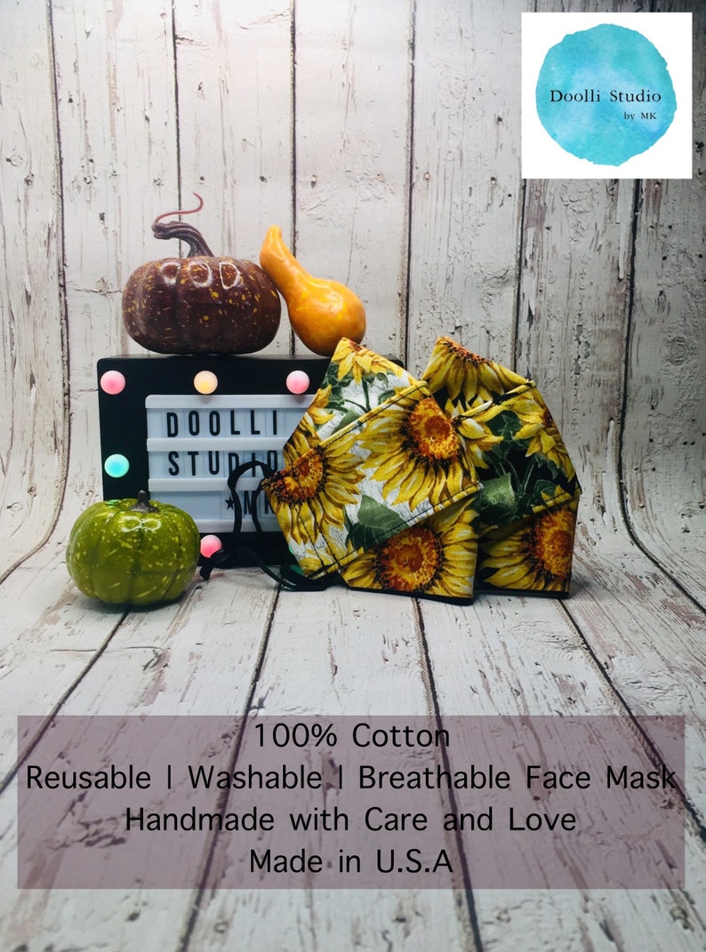 Sunflower Mask Collection Face Mask for Kid & Adult 100% Cotton 2 Layer and 4 Layer Breathable, Washable, Reusable Handmade in USA image 1