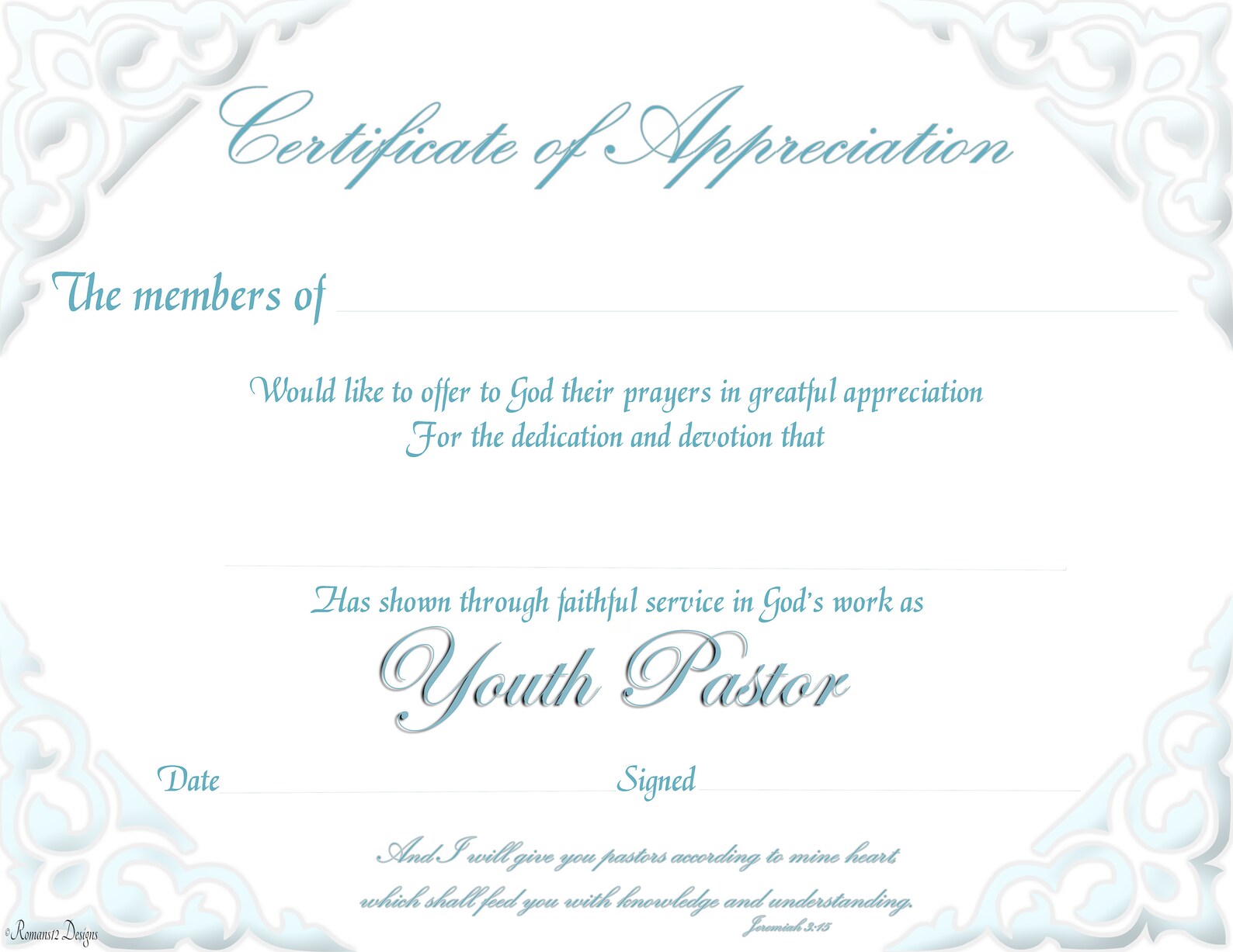 Certificate of Appreciation Youth Pastor Printable PDF Download