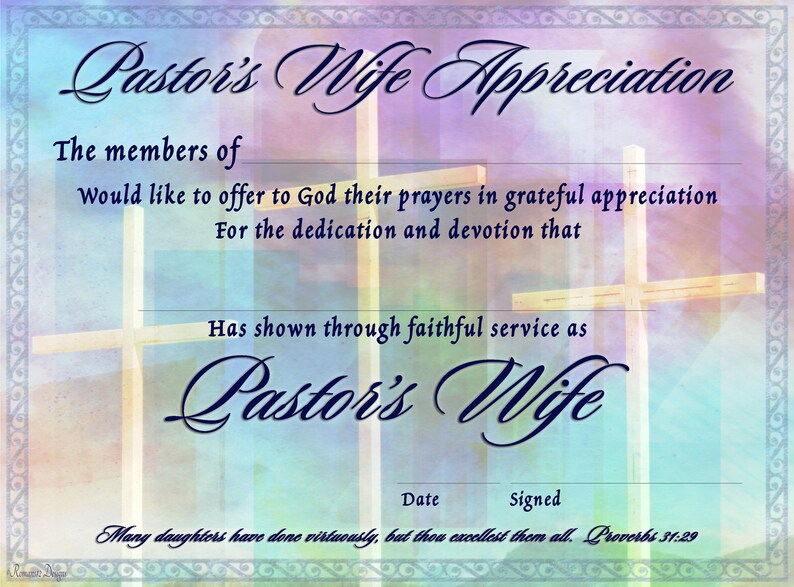 Pastor's Wife Appreciation Printable PDF Certificate Etsy