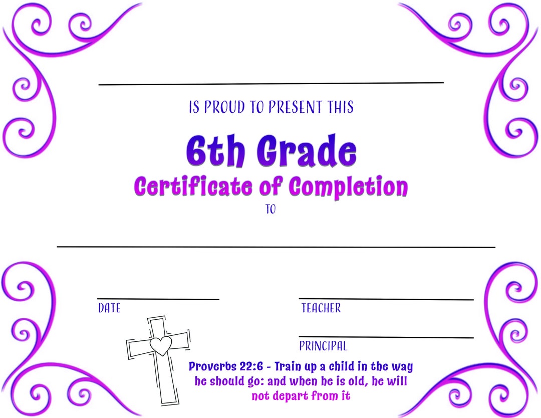 Christian 6th Grade Completion Certificate PDF Downloadable ...