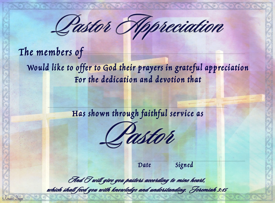 Pastor Appreciation Certificate Printable PDF Etsy Canada