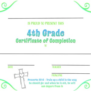 Christian 4th Grade Completion Certificate PDF Downloadable Reusable Customizable Printable