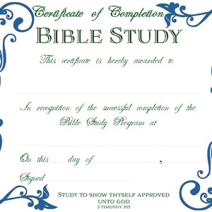 Bible Study Certificate of Completion PDF Printable Download File