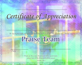 Certificate of Appreciation- Praise Team, PDF Download Customizable Printable Reusable