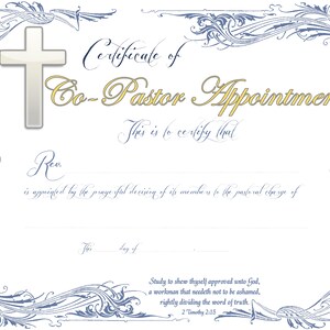 Certificat de nomination du co-pasteur PDF Imprimable Réutilisable Personnalisable