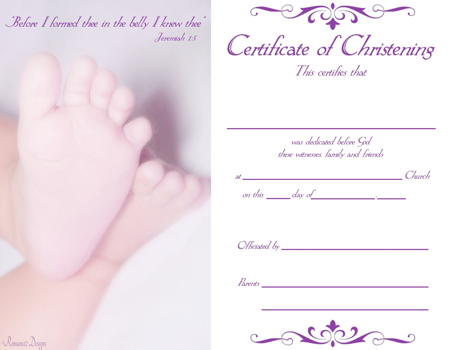 Christening Certificate PDF Printable Downloadable Reusable