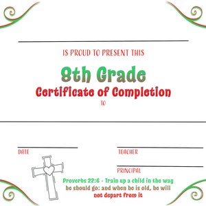 Christian 8th Grade Completion Certificate PDF Printable Downloadable Reusable Customizable