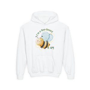 I&#39;m A Bee-liever! Youth Hooded Sweatshirt, Cute Bee Hoodie, Fun Kids Sweatshirt, Birthday Gift, Christian Apparel, Religious Fashion, Faith