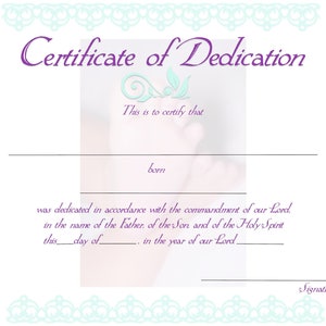Dedication Certificate PDF Printable Downloadable Reusable Customizable