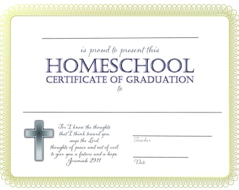 Christian Homeschool Graduation Completion Certificate PDF Printable Downloadable Reusable Customizable