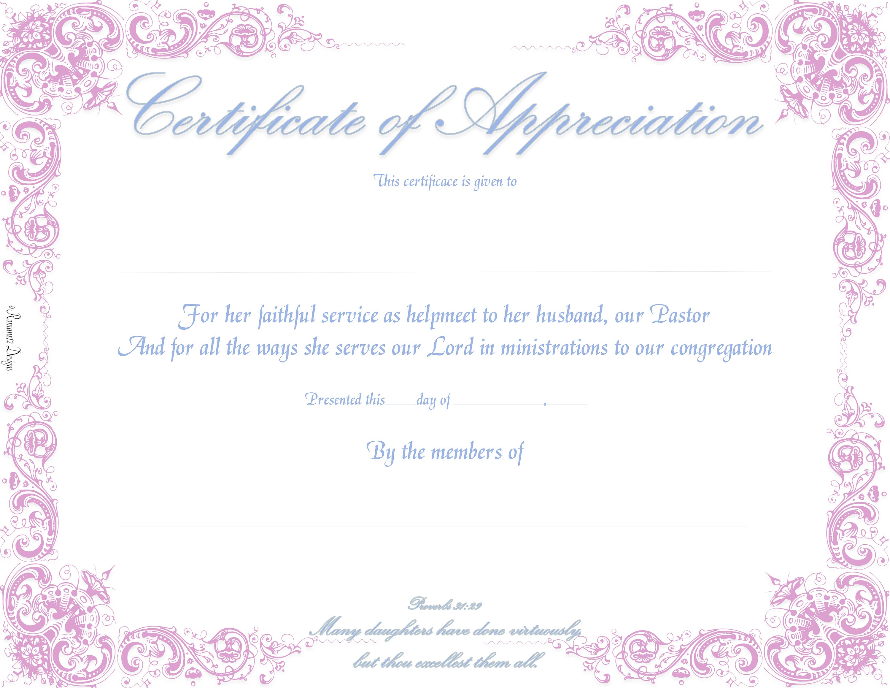 Appreciation Certificate-Pastors Wife PDF Printable