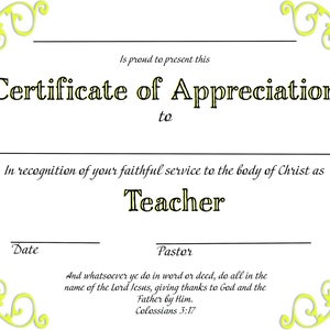 Christian Certificate of Appreciation- Teacher Downloadable Printable PDF Customizable
