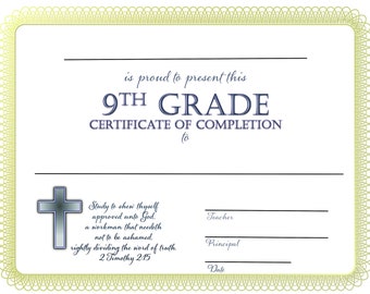 Christian 9th Grade Completion Graduation Certificate PDF Printable Downloadable Reusable Customizable