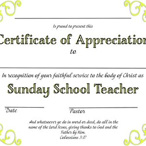 Christian Certificate of Appreciation- Sunday School Teacher Downloadable PDF Printable Customizable