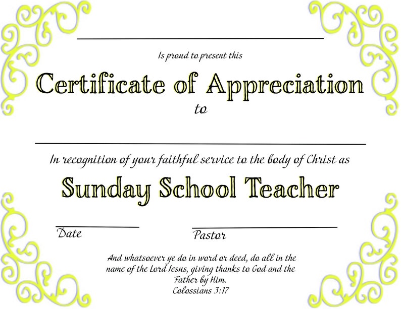 Christian Certificate of Appreciation Sunday School Teacher Downloadable PDF Printable Customizable image 1