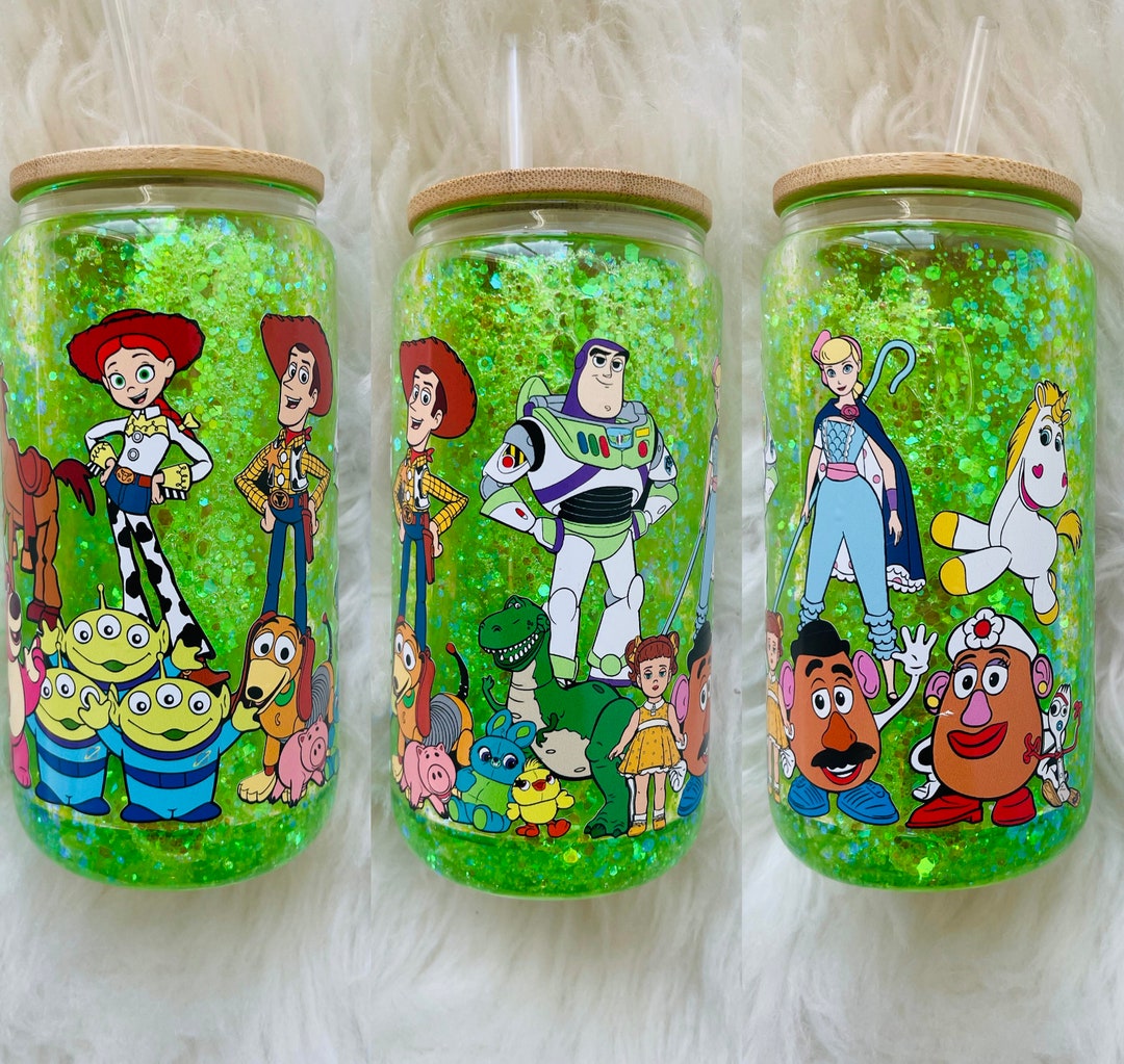 Toy Story Glass Can Snowglobe Glass Can Glitter Tumbler Etsy