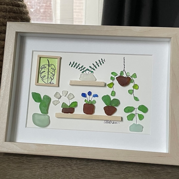 Sea glass art, framed, Plant Shelf, glass found on shore of Lake Michigan, wall art,  5x7 frame, violet, cactus, pothos, orchid, plant lover