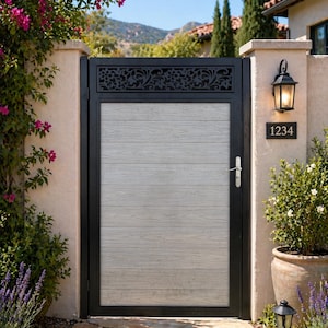 May include: A black metal gate with a light gray wood-grain panel. The top of the gate features a decorative floral design. The gate is set in a beige stone wall with a black lantern and the number 1234.