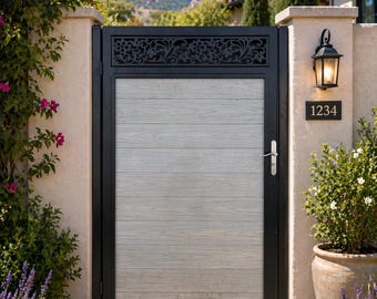 Modern Steel Composite Wood Pedestrian Gate | Decorative Scroll Entry Gate