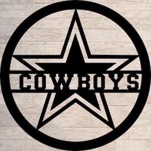 May include: Black metal sign featuring a star design with the word "COWBOYS" in the center. The star is enclosed within a circular frame. The sign is set against a light wood-grain background.