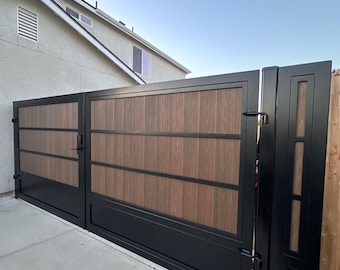Custom Modern Driveway Gate with Matching Walk Gate | Steel & Composite Wood Luxury Entry Gate | Powder Coated Metal Privacy Gate
