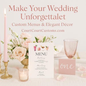 Includes all your wedding needs bundle! Custom Bar Menus, Table Numbers, Dinner Menus, invitations, place name cards! All customizable!