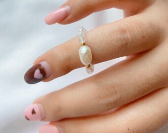 Moon Star Baguette Open End Yellow Gold Rings with CZ Fresh Water Pearls 14K Gold Plated Adjustable Statement Rings Gift for Her Bridal Gift