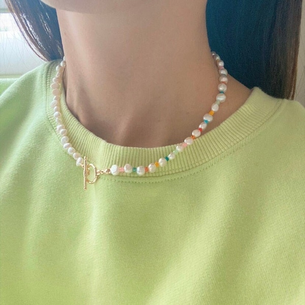 Jasmine Necklace, Freshwater Pearl, Pastel Rainbow Necklace, Gifts for her, Mom Gift, Mother's Day Gift, Valentines Day Gift, Trendy Jewelry