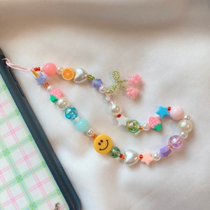 Fruity Tooty Phone Charm, Phone Lanyard, Phone Strap, y2k phone strap, Rainbow Phone Charm, Happy Face Phone Strap, colorful Beaded, cherry