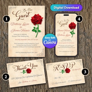 be our guest vintage rose flower digital invitation easy editable on CANVA mobile invitation