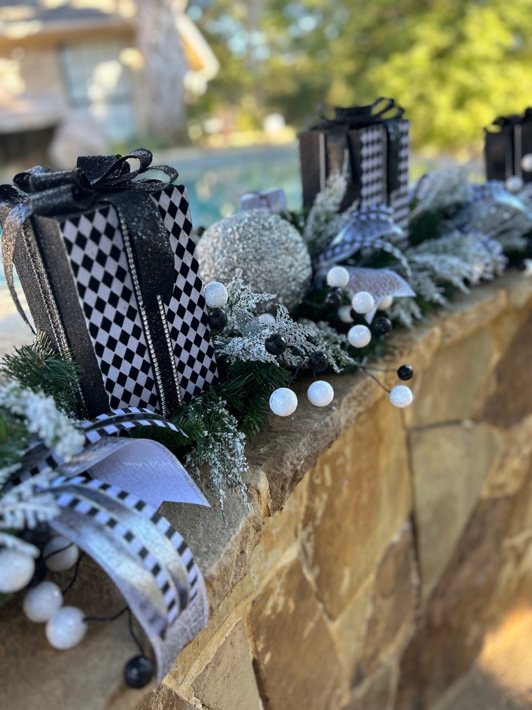 Black and White Whimsical Garland, 6 Christmas Garland, Black and White