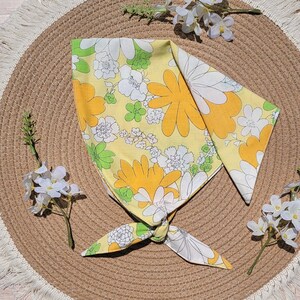 Vintage Floral bandana - kerchief, headcovering, fully lined, Yellow,Orange, Green, cottagecore, repurposed