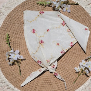 Embroidered lace bandana - kerchief, headcovering, fully lined, floral lace, cottagecore, repurposed
