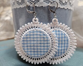 Blue gingham  Lace Dangle Earrings - lace embroidery, fsl, fabric, blue, gingham