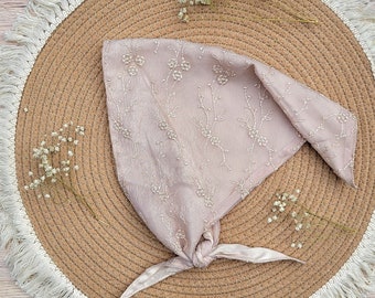 Cream flower embroidered bandana - kerchief, headcovering, fully lined, lace, cottagecore, repurposed, embroidery