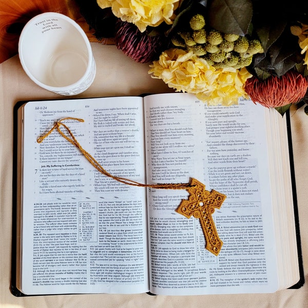 Elegant lace cross bookmark- Jesus, God, Bible, gold, fsl, stiff lace, Christian, bookworm, scriptures