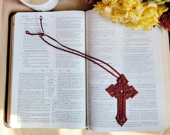 Elegant lace cross bookmark- Jesus, God, Bible, red, fsl, stiff lace, Christian, bookworm, scriptures
