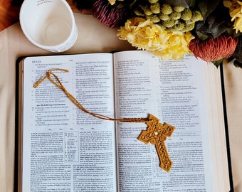 Elegant lace cross bookmark- Jesus, God, Bible, gold, fsl, stiff lace, Christian, bookworm, scriptures