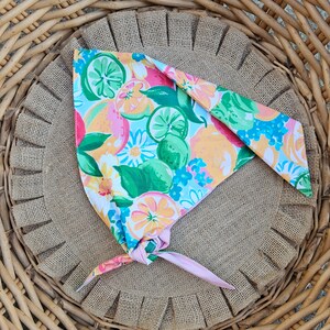 Fruit & Floral bandana - kerchief, headcovering, fully lined,Pink, Blue, Yellow, cottagecore