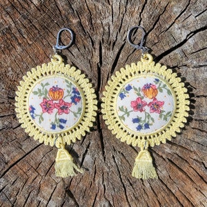 Floral Lace Dangle Earrings - lace embroidery, fsl, fabric earrings, flowers, yellow